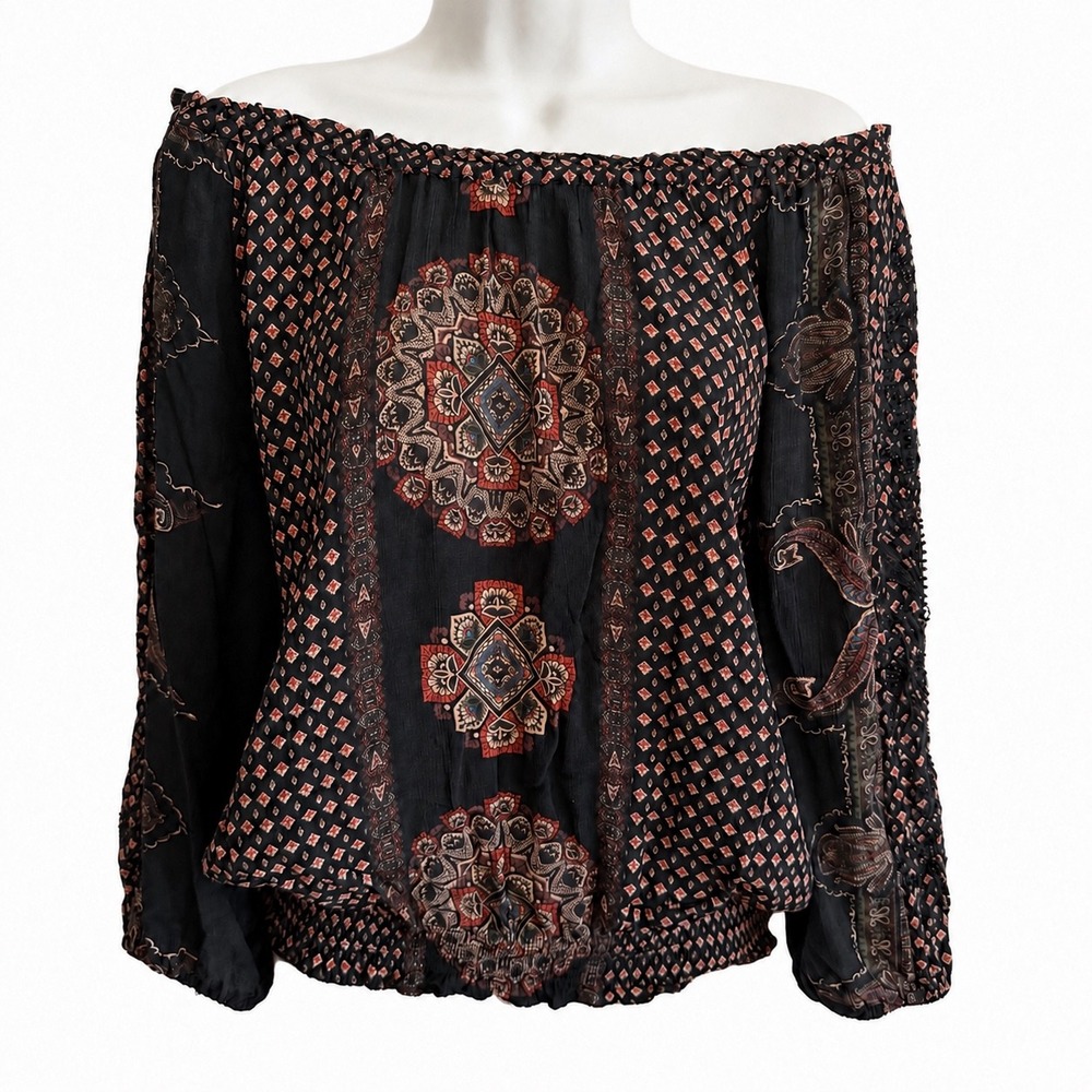 Desigual Boho Beaded Off Shoulder Blouse  Black Tan Paisley Mandala Print Small